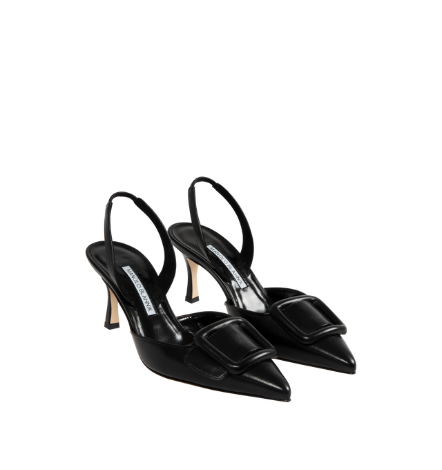 Image 2 of 4 - BLACK - Manolo Blahnik Maysli black suede slingback pumps featuring pointed toe, decorative buckle detail, elasticated slingback strap and stiletto mid 70mm heel. Upper: 100% calf suede. Sole: 100% cow leather. Lining: 100% goat skin. Made in Italy. 