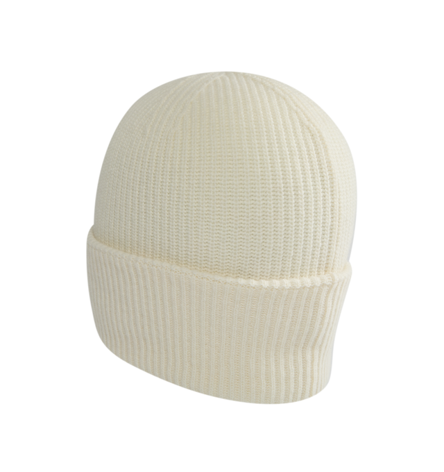 Image 2 of 2 - WHITE - MONCLER Logo Beanie featuring a cashmere and wool blend, brioche stitch and gauge 7. 70% virgin wool, 30% cashmere. 