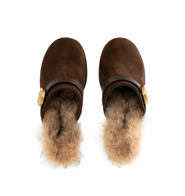 Image 4 of 4 - BROWN - MONCLER Amalia Mule featuring block heel clog, suede upper, leather strap with gold detail and fur insole. 