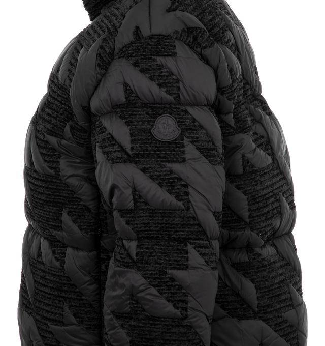 Image 3 of 3 - BLACK - MONCLER Evandra Short Down Jacket featuring embroidered houndstooth polyester, polyester lining, down-filled, zipper closure, inseam pockets, elastic cuffs and hem with drawstring fastening. 86% polyester, 14% polyamide/nylon. Padding: 90% down, 10% feather. 