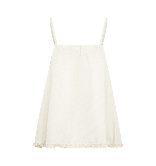 Image 2 of 6 - WHITE - DEIJI STUDIOS Yoke Set featuring relaxed babydoll top, straight neckline with button closure, gathered yoke seam, lettuce frill hem detail and fine, adjustable straps pairs back with an easy pull on short featuring double button detailing, elastic waistband and baby lock lettuce frill hem. 100% organic cotton poplin. 