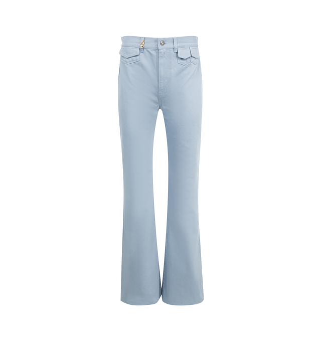 Image 1 of 3 - BLUE - CHLOE High-rise flare jeans in denim featuring front zipper & Chlo-engraved button fastening, 3 mini flap pockets at waist, back pockets, belt loops, sliding gold-tone Chlo logo on front right belt loop and leather Chlo patch at back. 100% cotton. 