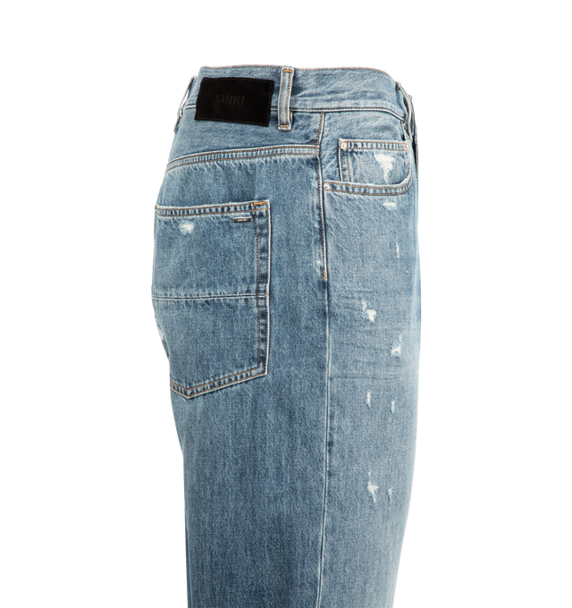 Image 3 of 3 - BLUE - AMIRI Suede Straight MX1 Jeans featuring belt loops, five-pocket styling, button fly, faux-suede underlay at rips, logo patch at back waistband and relaxed fit. 98% cotton, 2% elastane. Made in United States. 