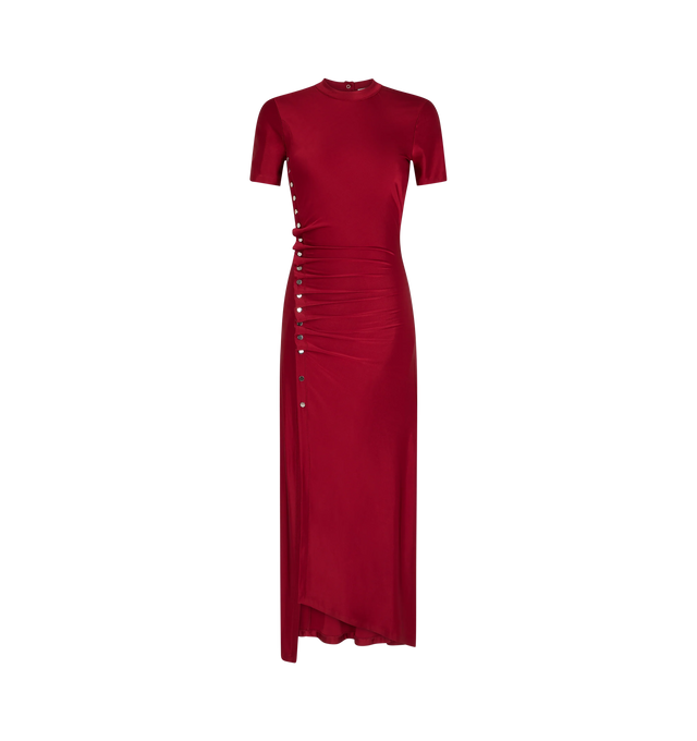 Image 1 of 2 - RED - RABANNE Draped Dress featuring long draped pression dress with short sleeves in viscose jersey, crew neck and 16 silver press studs. 90% viscose, 10% elastane. Made in Portugal. 