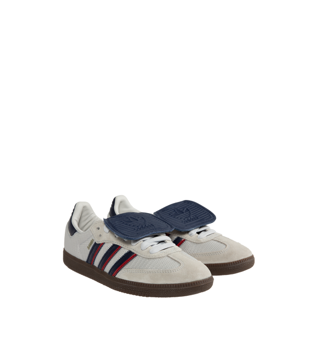 Image 2 of 5 - WHITE - Adidas Samba LT lace-up sneakers in crystal white, dark blue and red. Crafted with premium leather and textile upper combining mesh quarters, suede overlays, and signature leather stripes with a fold-over tongue and durable rubber outsole. 