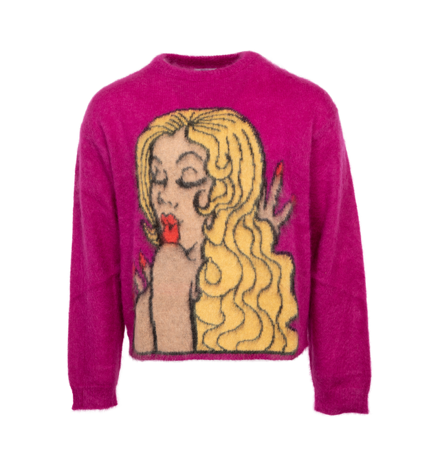 PINK - ERL UNISEX KISS MOHAIR INTARSIA SWEATER KNIT features mohair-wool blend, brushed finish intarsia knit, crew neck, drop shoulder, long sleeves and a straight hem. Mohair 51%, Polyamide 32%, Wool 17%.