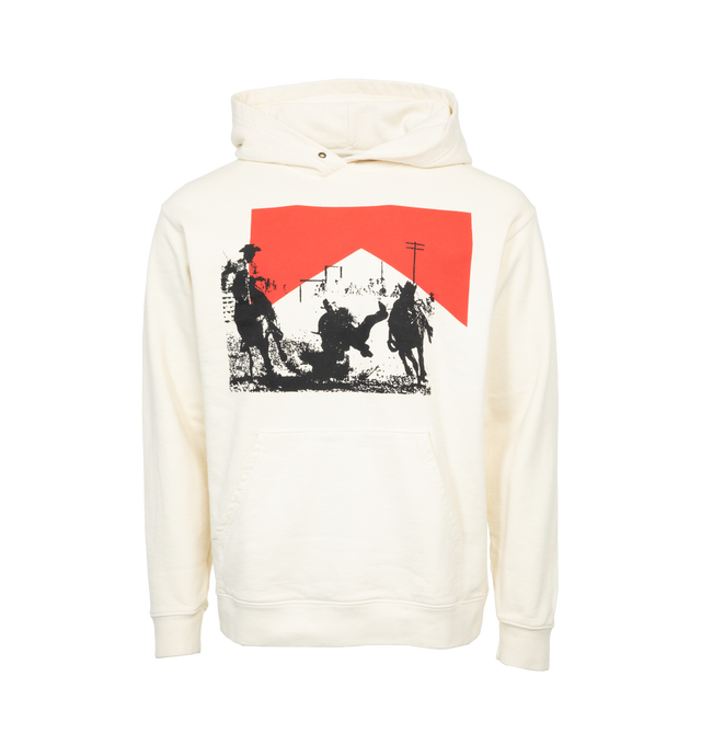 Image 1 of 3 - WHITE - ONE OF THESE DAYS CATHEDRAL OF DUST HOODED SWEATSHIRT featuring graphic print to the front, eyelet detailing, classic hood, drop shoulder, long sleeves, ribbed cuffs and hem and front pouch pocket. 100% cotton.  