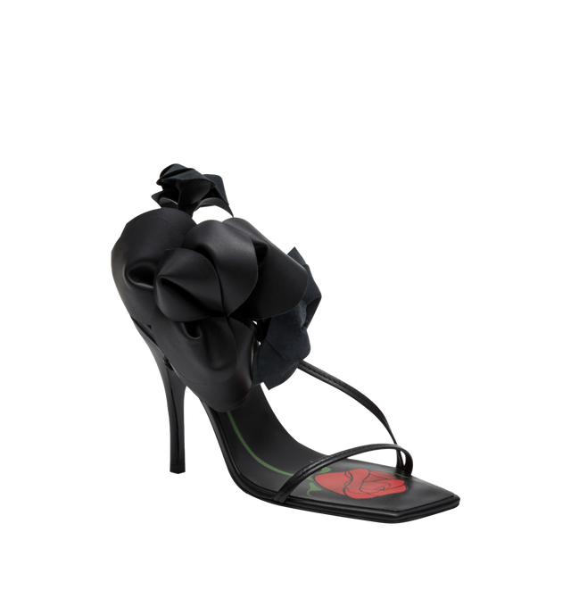 Image 2 of 5 - BLACK - MAGDA BUTRYM Rose Appliqu Leather Sandals featuring minimal strappy sandals with a slingback strap are have large leather 3D rose appliqus cascading across the foot. Detailing on the sole, featuring a hand-painted rose. 100% calf leather. Flower: 100% cotton. 