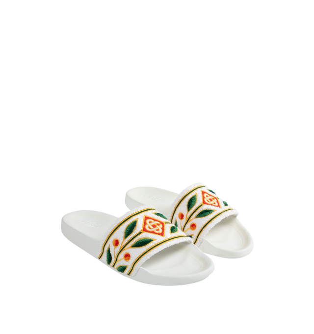 Image 2 of 4 - WHITE - Casablanca terry sliders are crafted from an embroidered terry fabric and feature the house's diamond logo and signature Laurel artwork on its uppers. Completed with padded rubber soles. 100% polyester with 80% polyester 20% cotton lining. Made in Portugal. 