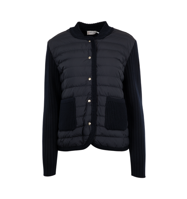 Image 1 of 3 - NAVY - MONCLER Padded Wool Cardigan featuring Merino wool, polyester lining, down-filled polyester front, gauge 7, collar, snap button closure, patch pockets and leather logo patch. 100% polyester. 100% virgin wool. Padding: 90% down, 10% feather. Made in Moldova. 