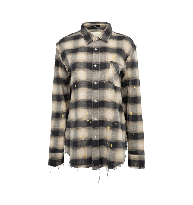 BLACK - R13 Shredded Seam Shirt featuring oversized, relaxed fit, plaid pattern and shredded seams. 100% cotton. 