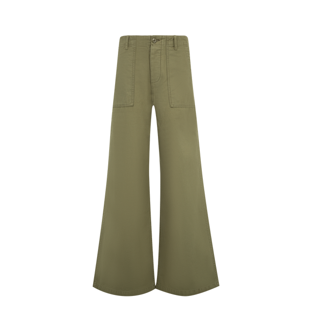 Image 1 of 3 - GREEN - R13 D'Arcy Flare Utility Pants are crafted from Japanese military slub-yarn back sateen and feature a relaxed silhouette with a dramatic flared leg. Inspired by the brand's signature D'Arcy fit, the design combines utilitarian styling with a modern shape, finished with a button fly, slant hip pockets, and flap back pockets. Main Material: 100% Cotton. 