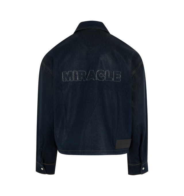 Image 2 of 4 - NAVY - NAHMIAS Waxed Denim Miracle Worker Jacket featuring pointed flat collar, front press-stud fastening, long sleeves, two side welt pockets and embroidered at back. 100% cotton.  