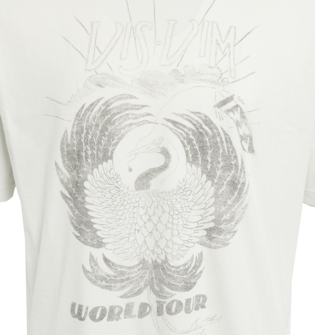 Image 3 of 4 - WHITE - VISVIM Crash World Tour Jumbo T-Shirt featuring rib knit crewneck, logo graphic printed at front and dropped shoulders. 100% cotton. Made in Japan. 