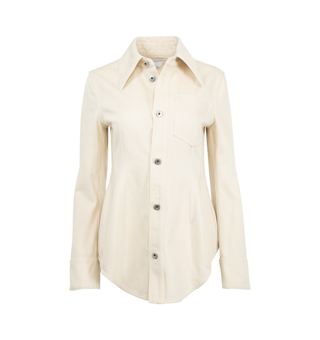 Image 1 of 2 - WHITE - BOTTEGA VENETA Colored Denim Shirt featuring coloured stone washed denim, button closure, pointed collar, curved hem and regular fit. 100% cotton. Made in Italy. 