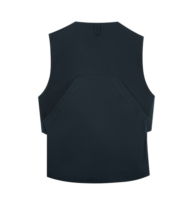 Image 2 of 3 - NAVY - ENGINEERED GARMENTS Fowl Vest featuring a large game pocket on the rear, two patch pockets on the front, string closure on the front with single button and neck loop on rear. 100% cotton. Made in the USA. 