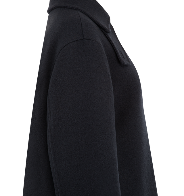 Image 4 of 4 - NAVY - MONCLER GENIUS X JIL SANDER Barrelene 3-in-1 Wool Coat featuring double wool, viscose lining, detachable down-filled nylon inner with snap button closure, button closure and detachable metal logo pin. 100% virgin wool. Lining: 100% viscose/rayon. 100% polyamide/nylon. Padding: 90% down, 10% feather. Made in Italy. 