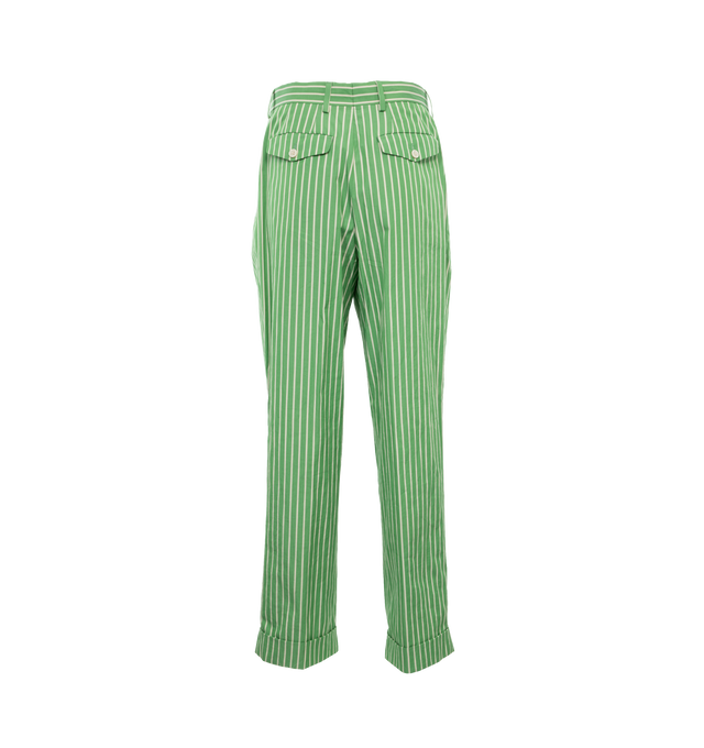 Image 2 of 4 - GREEN - DRIES VAN NOTEN Striped Trousers featuring two side slit pockets, two back flap pockets, concealed zip and hook closure, belt loops and cuffed hem. 100% cotton.  