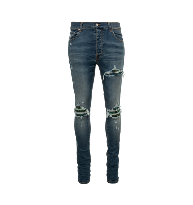 Image 1 of 3 - BLUE - AMIRI Mx1 Plaid Jean featuring button fly, 5-pocket design, intentionally destroyed areas and light whiskering and fading detail. 92% cotton, 6% elastomultiester, 2% elastane. Made in USA. 
