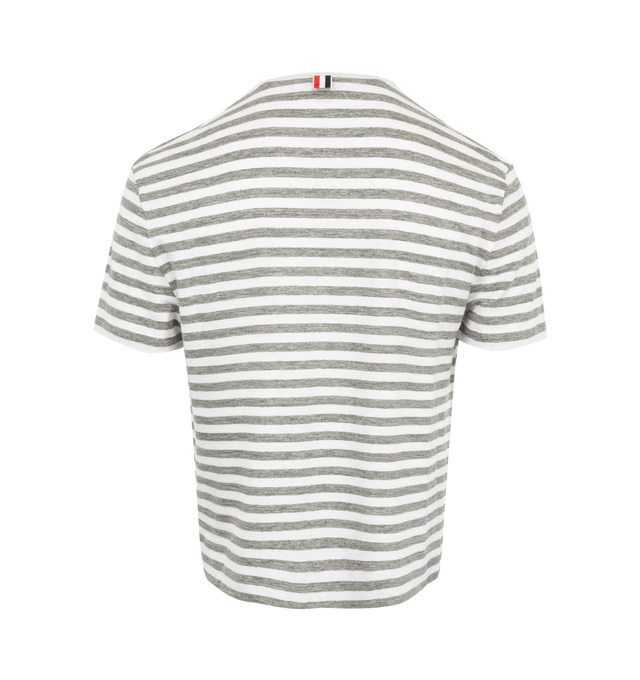 Image 2 of 2 - GREY - Thom Browne Men's Linen Jersey Ringer Tee is adorned with signature nametag applique, and signature striped grosgrain loop tab. 100% Cotton. Made in Italy. 