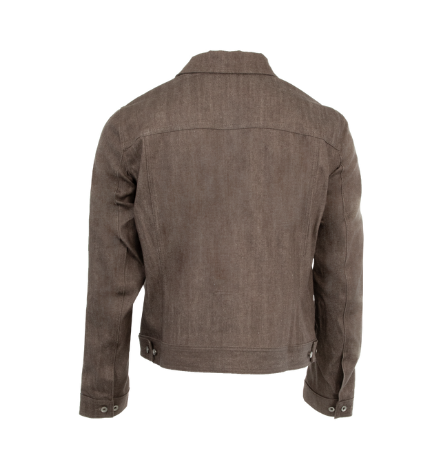 Image 2 of 3 - BROWN - Dark Shadow Trucker Jacket has a classic collar, a front button closure, button cuffs, side pockets, chest flap pockets with buttons, and waist tabs. 100% cotton Made in Japan.  