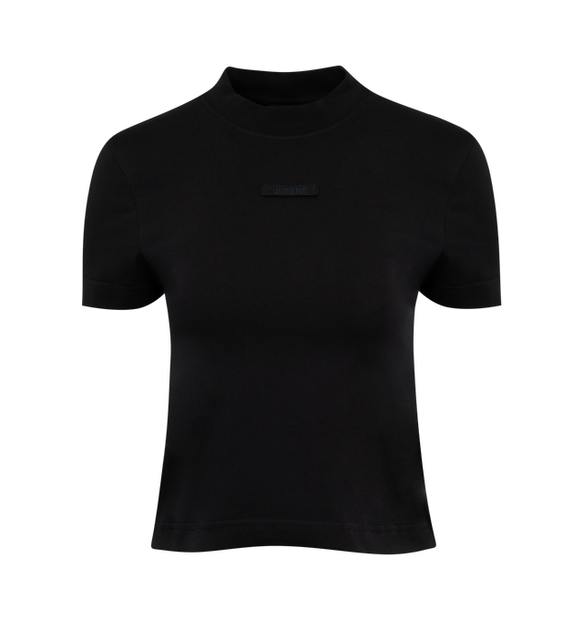 BLACK - JACQUEMUS Le T-Shirt Gros Grain featuring fitted shape, stretch cotton, ribbed crew neck and embroidered grosgrain logo on chest. 94% cotton, 6% elastane. Made in Portugal.