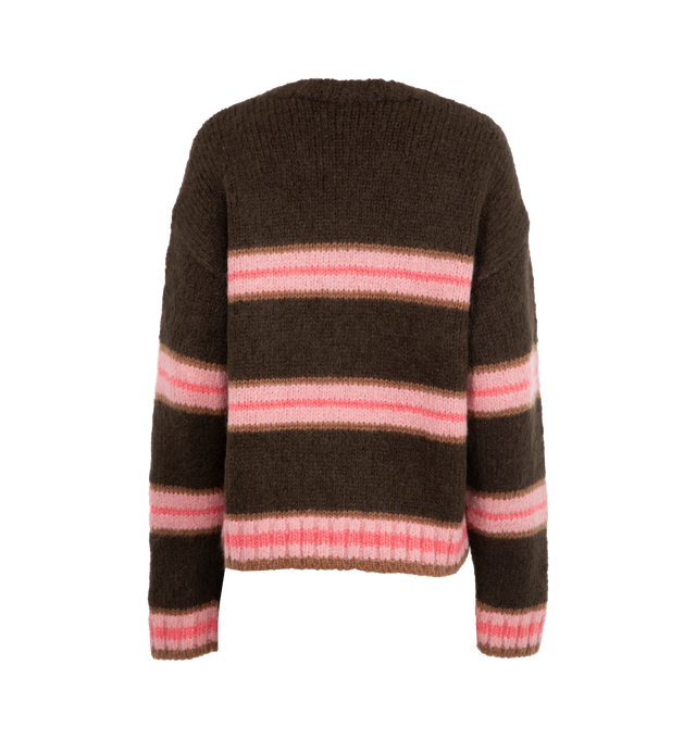 Image 2 of 3 - BROWN - MONCLER Striped Alpaca Blend Sweater featuring stockinette stitch, gauge 3, crew neck and striped motif. 78% alpaca, 14% polyamide/nylon, 8% wool. 50% mohair, 32% polyamide/nylon, 18% wool. 