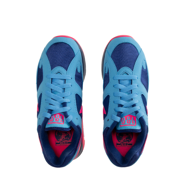 Image 5 of 5 - BLUE - Nike Air 180 Sneakers are a lace-up style with mesh uppers, suede overlays, textured mudguards, padded collars, visible Air-Sole units, TPU eyelets, rubber outsoles, and debossed branding on the tongues. Made in Vietnam.  