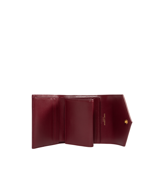 Image 3 of 3 - RED - Saint Laurent YSL Chevron Wallet has a snap-button closure, gold tone hardware, 5 card slots, a coin pocket, and a bill compartment. 100% lambskin. 4.1 x 3.5 x 1.2 inches. Made in Italy.  