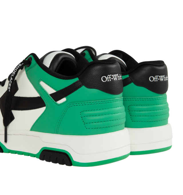 Image 3 of 5 - GREEN - OFF-WHITE Out of Office sneaker combines street, basketball and running styles heavily influenced by 90s subculture. Constructed with a calf leather upper and rubber sole. Lining: 18% Polyester,  82% Recycled Polyester. Outer: 89% Leather, 11% Recycled Polyester. Sole: 100% Rubber. 