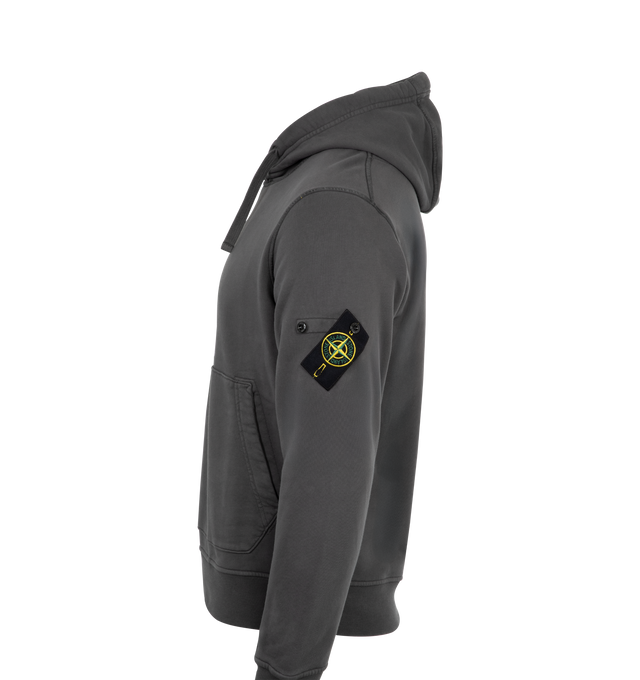 Image 3 of 3 - GREY - Stone Island organic cooton fleece sweatshirt featuring contour drawstring hood, patch pockets, overlock seams, and lunette detail under back neckline. Garment dyed. 100% Cotton. Made in Romania. 