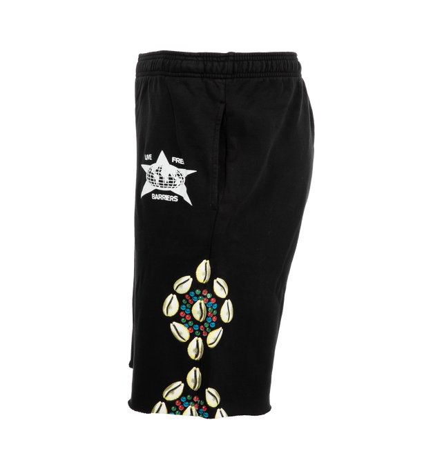 Image 3 of 3 - BLACK - Barriers Worldwide Sugar Hill Sweat Shorts have an elastic drawstring waist, side pockets, and printed graphic artwork. 100% cotton.  