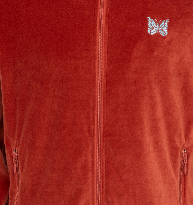 Image 3 of 3 - RED - NEEDLES RC Track Jacket featuring cotton-blend velour, rib knit stand collar, hem, and cuffs, two-way zip closure, logo embroidered at chest, zip pockets, striped trim at side seams and raglan sleeves and patch pockets at interior. 75% cotton, 25% polyester. Made in Japan. 