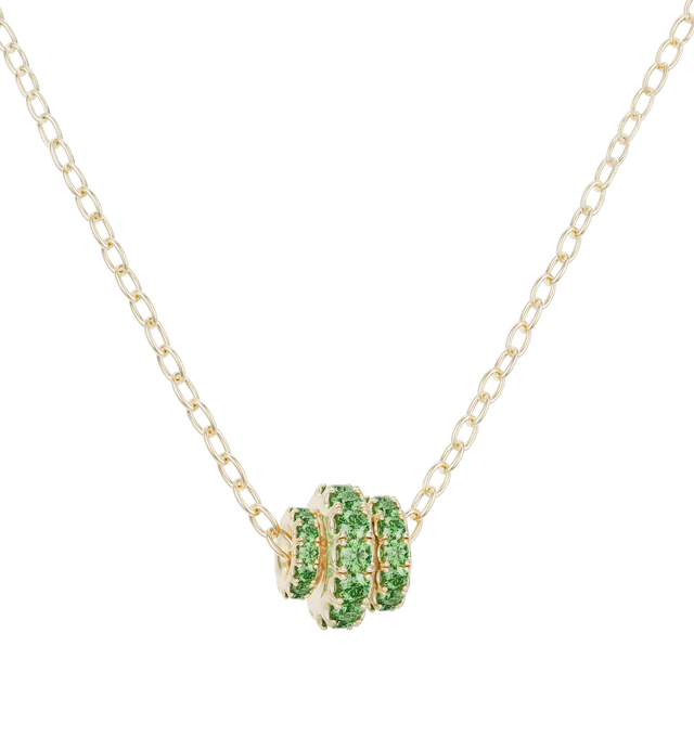 Image 1 of 2 - GOLD - Spinelli Kilcollin Vesta YG Emerald Necklace is crafted from 18k yellow gold and features a trio of signature full-round annulets that move freely along the chain. Designed with emerald accents and inspired by the brand's iconic linked silhouettes, this refined necklace blends sculptural elegance with everyday wearability. The adjustable chain measures 18 inches and includes a shortening link for a 16-inch fit. Main Material: 18k Yellow Gold. Details: Three Full-Round Annulets in 1.7 m 