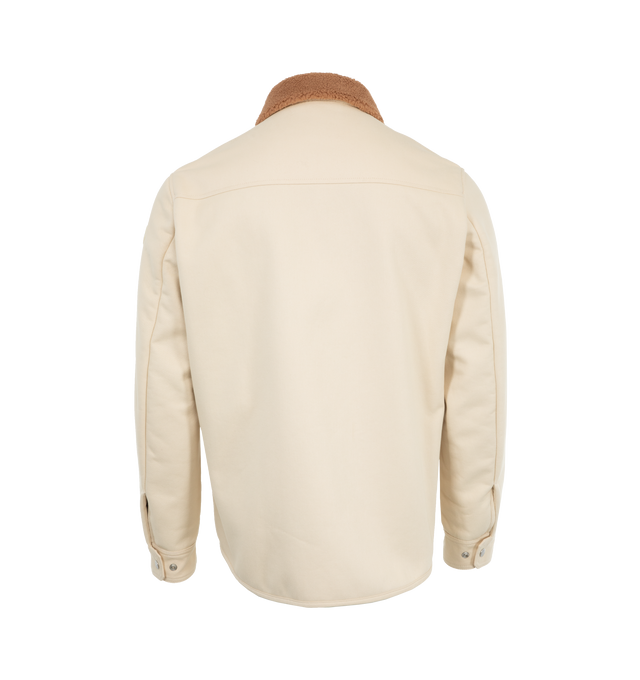 Image 2 of 3 - WHITE - Moncler Gasserhof Shirt Jacket is designed in bonded cotton with a teddy collar, zipper and snap button closure, pockets with button closure, and adjustable cuffs. 51% polyester, 49% cotton. Made in Romania.  