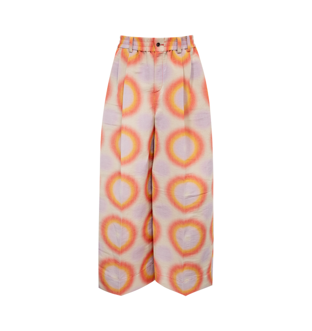 Image 1 of 4 - ORANGE - CHRISTOPHER JOHN ROGERS Groovy Dot Trouser featuring elastic waist with belt loops, button zip fly, pleats on front, wide leg, print throughout, side pockets and back welt pockets with buttons. 69% linen, 31% polyester. 