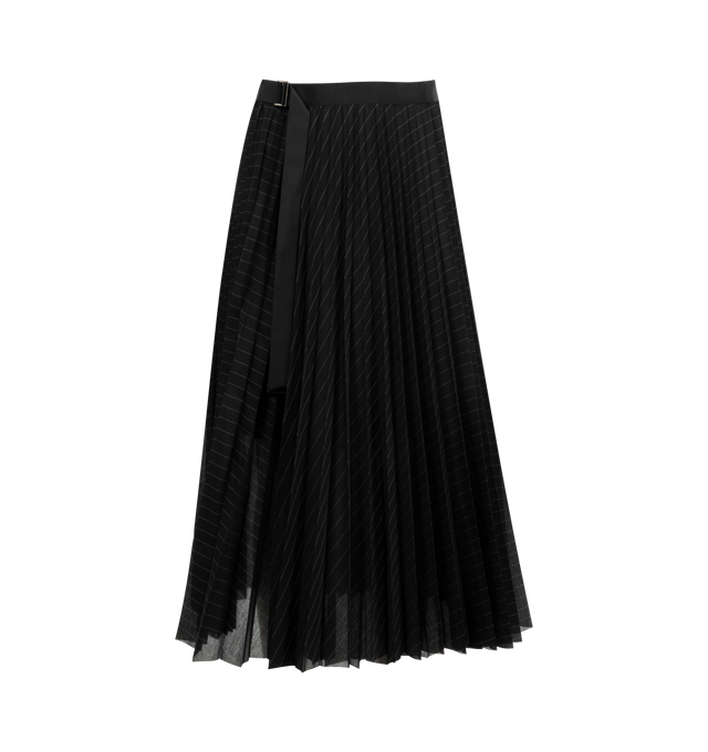 Image 1 of 2 - BLACK - SACAI High Twist Voile Skirt featuring adjustable belt, midi length, pleated, two back welt pockets and pinstripes throughout. 100% cotton. 