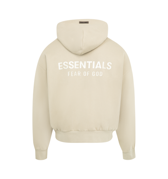 Image 2 of 2 - NEUTRAL - FEAR OF GOD ESSENTIALS Classic Fleece Hoodie made from 380gsm core fleece featuring a classic fit with signature Fear of God relaxed proportions. A new "Essentials Fear of God" beveled metallic logo is branded across the back. Details include a double-layer hoodie, kangaroo pocket, rib-knit cuffs and waist-hem. A "Fear of God Essentials" rubberized label is stitched on the hood and sleeve. 80% cotton, 20% polyester fleece. 