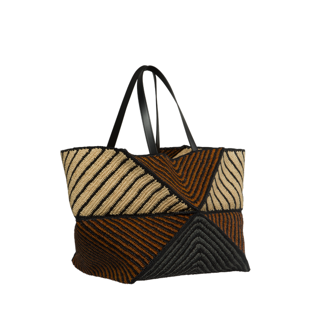 Image 2 of 4 - BROWN - LOEWE PAULA'S IBIZA XXL Puzzle Fold Tote featuring signature geometric lines, folds completely flat, lightweight, mixed stripes, calfskin handles, gold metal LOEWE branding, shoulder or hand carry and unlined. 14.4 x 28.7 x 14.4 inches. Raffia. Made in Spain.  