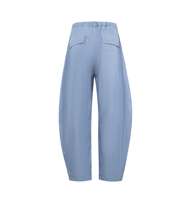 Image 2 of 3 - BLUE - SACAI Poplin Pants featuring wide leg, twisted seams, drawcord at waist and cuffs, side slit pockets, back flap pockets and striped. 100% cotton. Made in Japan. 