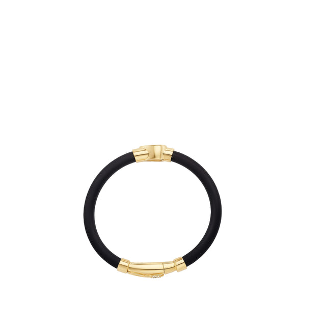Image 3 of 3 - GOLD - Uniform Object Carbon Bracelet featuring 14 g of 18K yellow gold with a 1.01 ct pear brilliant diamond and 0.20 TCW round diamond accents. Handcrafted in New York City. Features an Italian-made hypoallergenic rubber band designed for comfort and durability. Hirshleifers offers a range of pieces from this collection in-store. For personal consultation and detailed information about jewelry, please contact our dedicated stylist team at personalshopping@hirshleifers.com. 