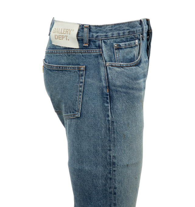 Image 2 of 3 - BLUE - GALLERY DEPT. 5001 Selvage Denim featuring straight-cut with a slightly slimmer leg, standard five-pocket design, distressed by hand as seen through the faded cuffs, darning below the knee, and reinforced rips throughout the leg. 100% cotton. 