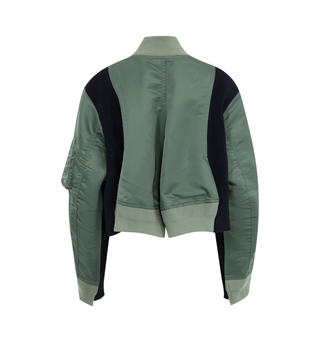 Image 2 of 3 - GREEN - SACAI Paneled Bomber Jacket featuring stand collar, two-way zip fastening through front, panels of cotton-blend shell and ribbed-knit, grosgrain trims along the pockets and an orange lining that flashes brightly when you wear it unzipped. 100% polyester. 100% nylon. 55% cotton, 44% polyester, 1% polyurethane. Lining: 100% polyester. 