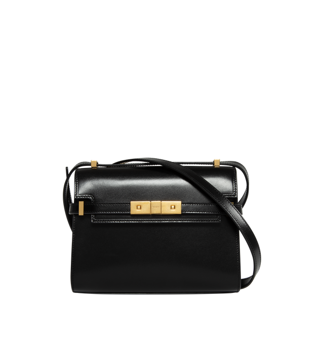 BLACK - Saint Laurent Mini Manhattan Cross-body box bag with a small flap on top with magnetic clip buckle compression closure, compression tabs on the sides, featuring an adjustable shoulder strap. Calfskin leather with bronze-tone metal hardware. Interior features leather lining, one main compartment with one card slot. Measures  7.4 X 5.5 X 1.5 inches. Made in Italy. 