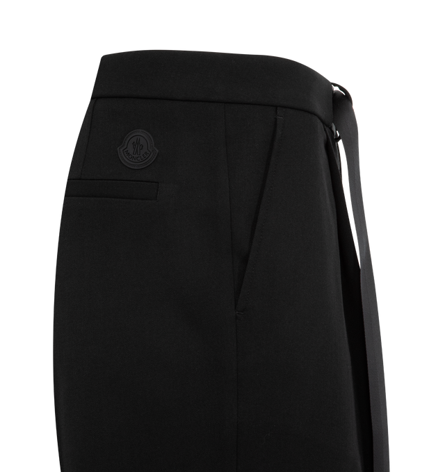 Image 3 of 3 - BLACK - MONCLER Twill Pant featuring two-way stretch twill, adjustable belt, zipper and snap button closure and silicone logo patch. 53% polyester, 43% wool, 4% elastane/spandex. 