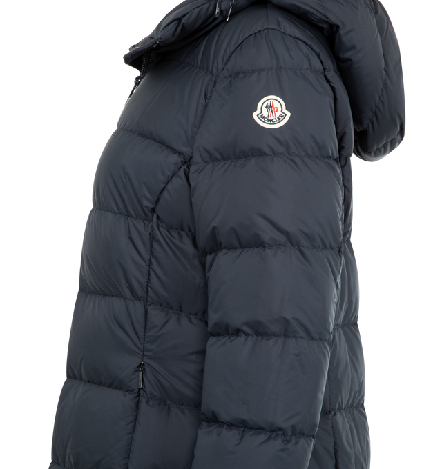 Image 4 of 4 - NAVY - MONCLER Gie Hooded Long Down Jacket featuring rainwear lining, down-filled, pull-out hood with concealed zipper, zipper closure, zipped pockets and felt logo. 100% polyamide/nylon. Padding: 90% down, 10% feather. 