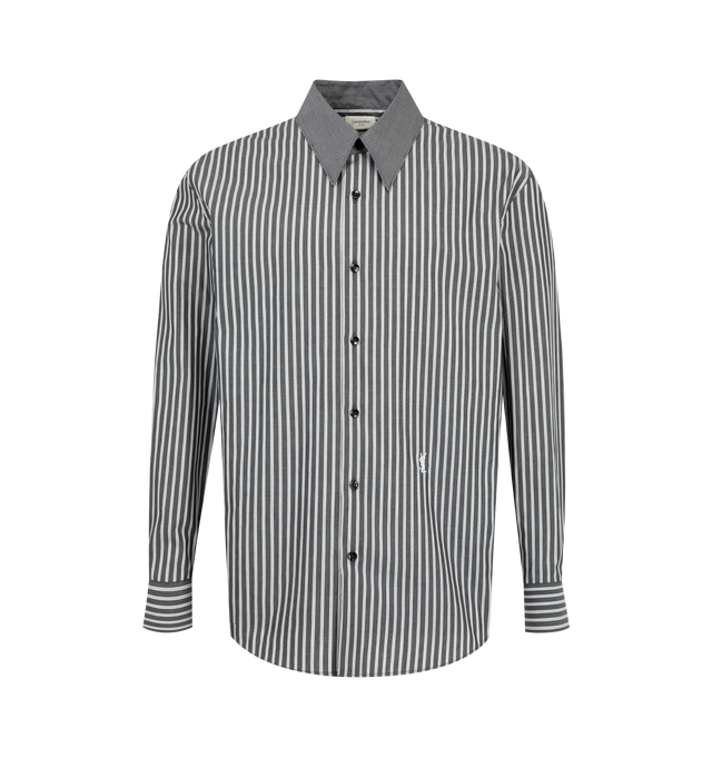 Image 1 of 2 - MULTI - Saint Laurent Men's Winchester Cotton Shirt features a contrast-stripe pointed collar, matching striped button cuffs, signature YSL embroidery at the hip, and a front button closure. This designer cotton button-down shirt combines timeless tailoring with iconic Saint Laurent detailing for elevated everyday wear. Main Material: Cotton. Made in Italy. 