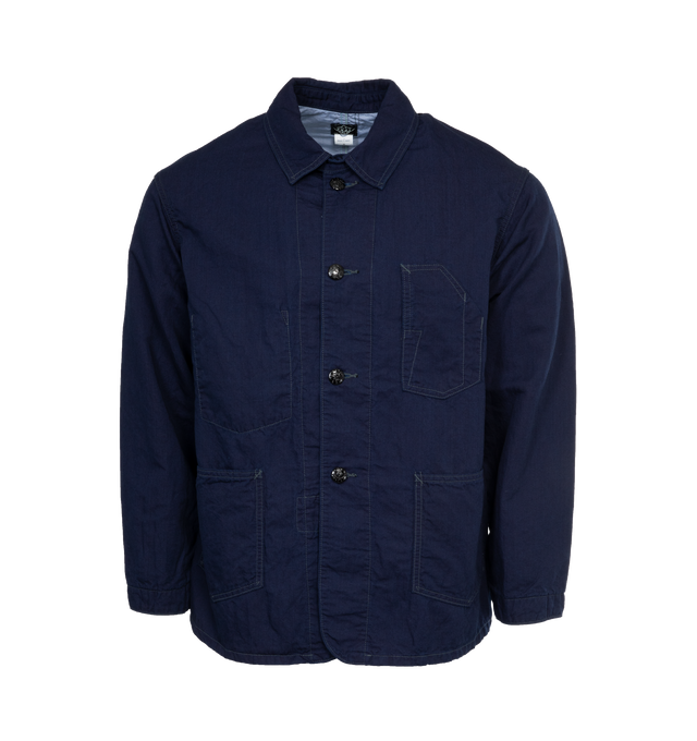 BLUE - POST O'ALLS No.1 Jacket with a simple, yet refined 1910-20s style 3-pocket design. Crafted from Indigo blue 100% cotton, lined. Made in Japan.
