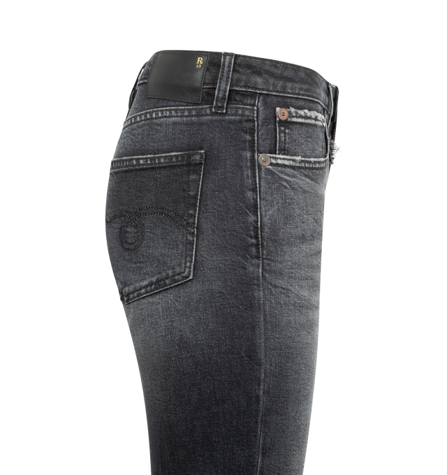 Image 3 of 3 - BLACK - R13 Joan Kick Flare Jeans featuring stretch denim, an ankle length with a kick flared hem,distressing throughout, belt loops, five-pocket styling, zip fly and leather logo patch at back waistband. 97% cotton, 3% elastane. Made in Italy. 