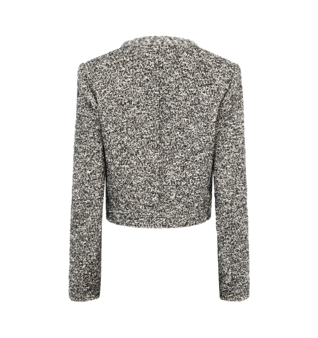 Image 2 of 2 - GREY - Isabel Marant short jacket in textured tweed with V-neckline, structured padded shoulders, long sleeves, metal button tab, piped pockets in front, tone-on-tone braid finishes and twill lining. 29% acrylic, 22% wool, 22% polyester, 20% cotton, 7% other fibers. 